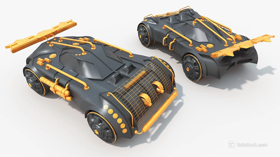 Futuristic Black And Gold Art Installation With Vehicle Inspired Mechanical Structures And Mesh Designs 3d model 