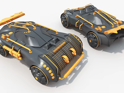 Futuristic Black And Gold Art Installation With Vehicle Inspired Mechanical Structures And Mesh Designs 3d model