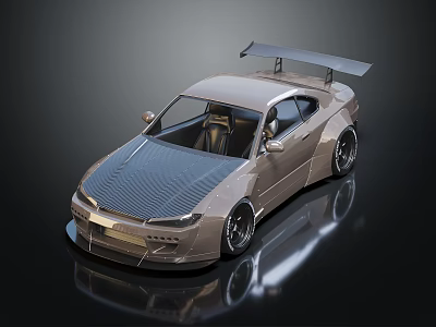 Modified Champagne Sports Car with Carbon Fiber Roof Rear Spoiler Black Wheels and Low Stance 3d model