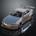 Modified Champagne Sports Car with Carbon Fiber Roof Rear Spoiler Black Wheels and Low Stance