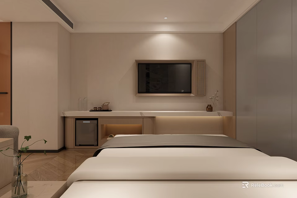 Modern Hotel Guest Room With Comfortable Bed Wall Mounted TV And Soft Lighting 3d model 