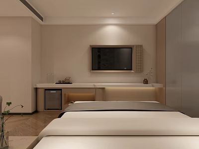 Modern Hotel Guest Room With Comfortable Bed Wall Mounted TV And Soft Lighting 3d model