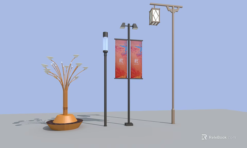 Outdoor Decorative Lights Featuring Tree Shaped Lantern Lamps And Street Lamp Posts With Red Banners 3d model 