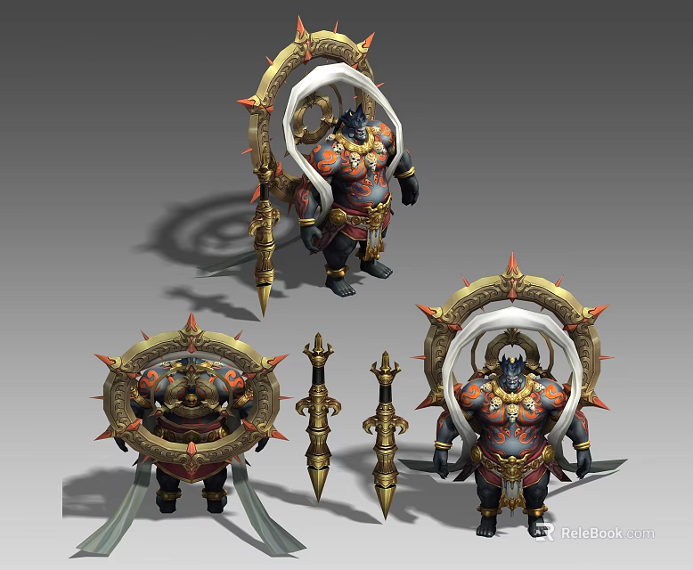 Mythical Demonic Warrior Creature With Red Gold Armor Spiked Weapons And Golden Rings 3d model 