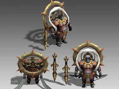 Mythical Demonic Warrior Creature With Red Gold Armor Spiked Weapons And Golden Rings 3d model