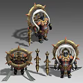 Mythical Demonic Warrior Creature With Red Gold Armor Spiked Weapons And Golden Rings