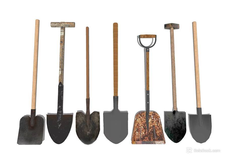 Collection Of Different Shovels With Wooden Handles And Metal Blades 3d model 