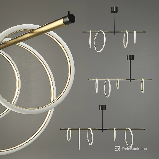 Modern Chandelier Design With Gold White Circular Rings And Black Brackets 3d model 