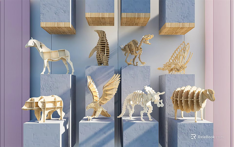 Creative Wooden Building Block Animal Skeleton Models On Gray Display Pedestals 3d model 