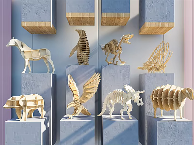 Creative Wooden Building Block Animal Skeleton Models On Gray Display Pedestals 3d model