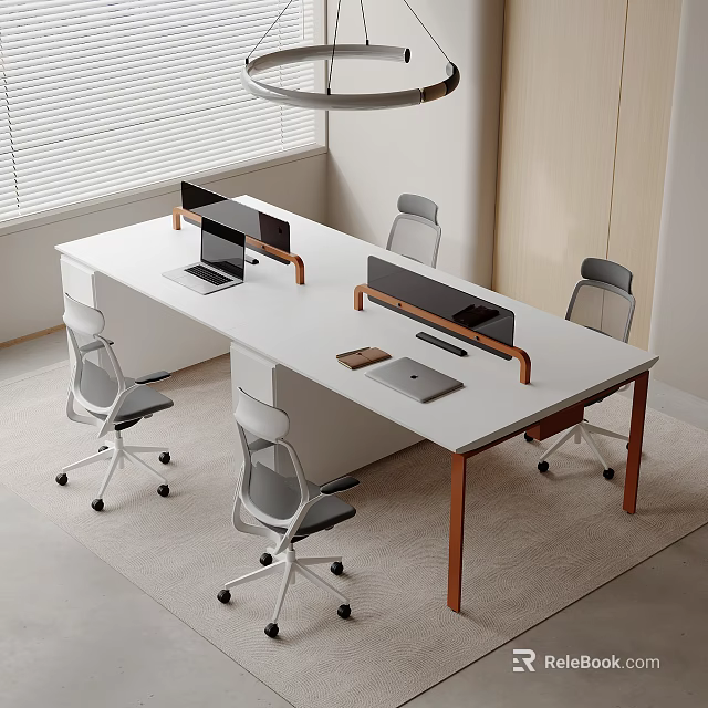 Modern Conference Table With White Tabletop Wooden Legs Gray Office Chairs Monitors And Desk Dividers 3d model 