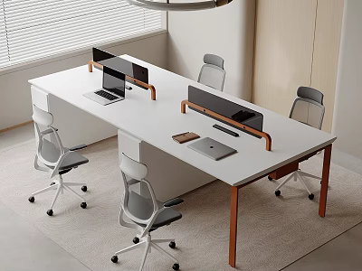 Modern Conference Table With White Tabletop Wooden Legs Gray Office Chairs Monitors And Desk Dividers 3d model
