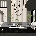 Duplex Living Room Interior with Hanging Chandelier Gray Sofas Green Plants and Large Windows