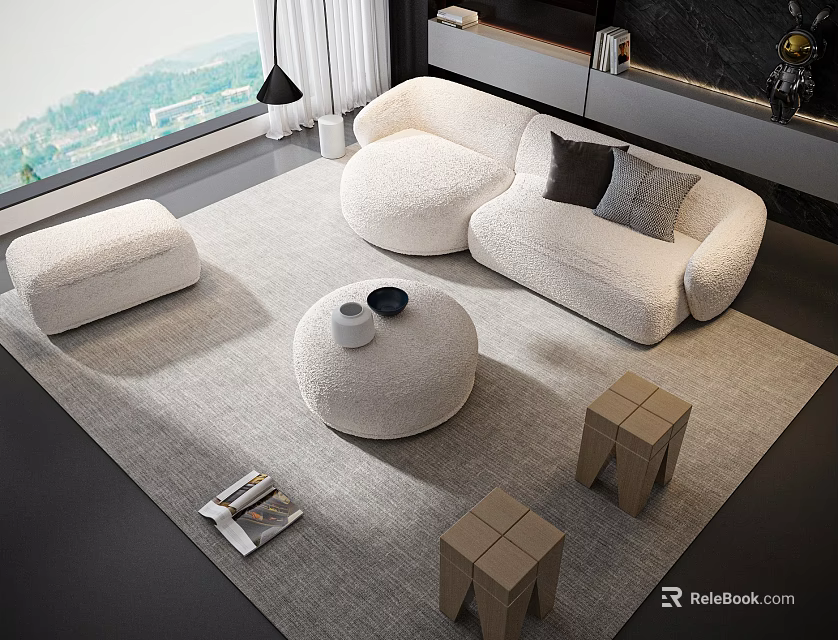 Plush White Round Sofa Coffee Table Set With Gray Rug And Wooden Stools 3d model 