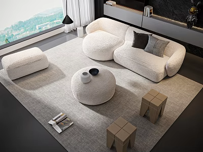 Plush White Round Sofa Coffee Table Set With Gray Rug And Wooden Stools 3d model