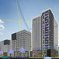 Modern Office Building Complex With Glass Curtain Walls And Surrounding Green Plants Along Road