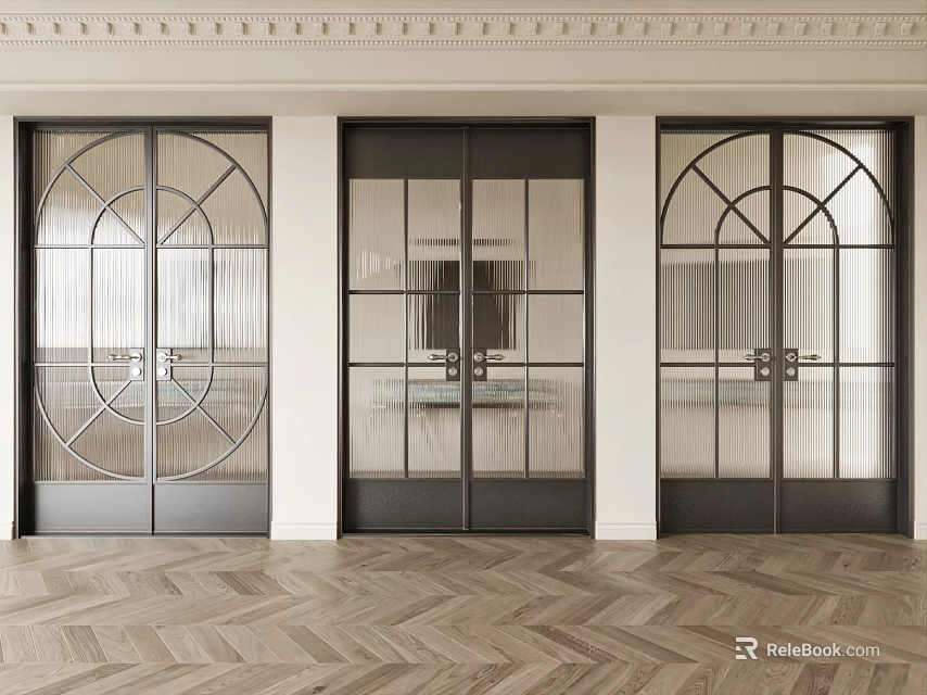 Elegant Double Doors With Glass Panels And Decorative Frames In Modern Interior Space 3d model