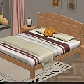 Cozy Wooden Double Bed With Striped Bedding Pillows Nightstand Lamp And Rug