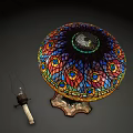 Ornate Crystal Lamp With Colorful Stained Glass Shade And Black Metal Base