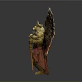 Golden Mythical Creature Sculpture Carving With Colorful Feathered Wings Lion Head Bull Horns And Scepter