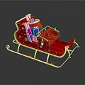Red Santa Sleigh With Golden Frame Decorated With Colorful Gifts And Snowflake Patterns