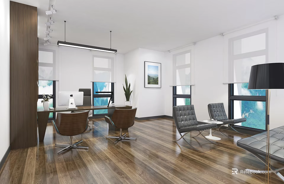 Modern Office Interior Design With Wooden Flooring Desk Chairs Sofa And Floor To Ceiling Windows 3d model 
