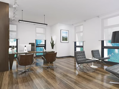 Modern Office Interior Design With Wooden Flooring Desk Chairs Sofa And Floor To Ceiling Windows 3d model