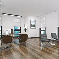 Modern Office Interior Design With Wooden Flooring Desk Chairs Sofa And Floor To Ceiling Windows