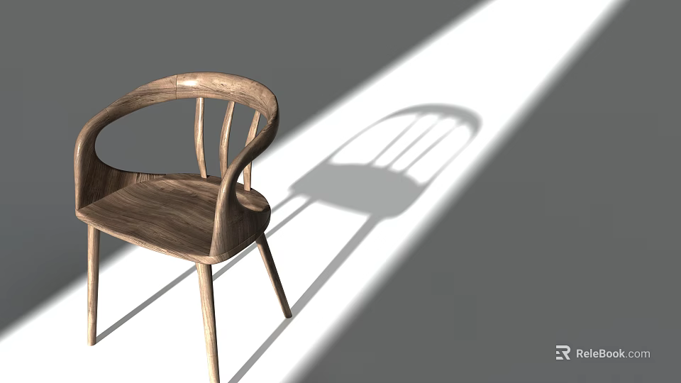 Wooden Leisure Chair With Curved Armrest And Simple Design In Sunlight Shadow 3d model 
