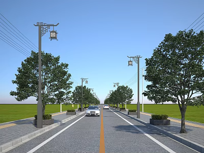 Urban Road Facilities With Traditional Style Street Lamps Trees Lawns Lane Lines And Car 3d model