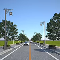 Urban Road Facilities With Traditional Style Street Lamps Trees Lawns Lane Lines And Car
