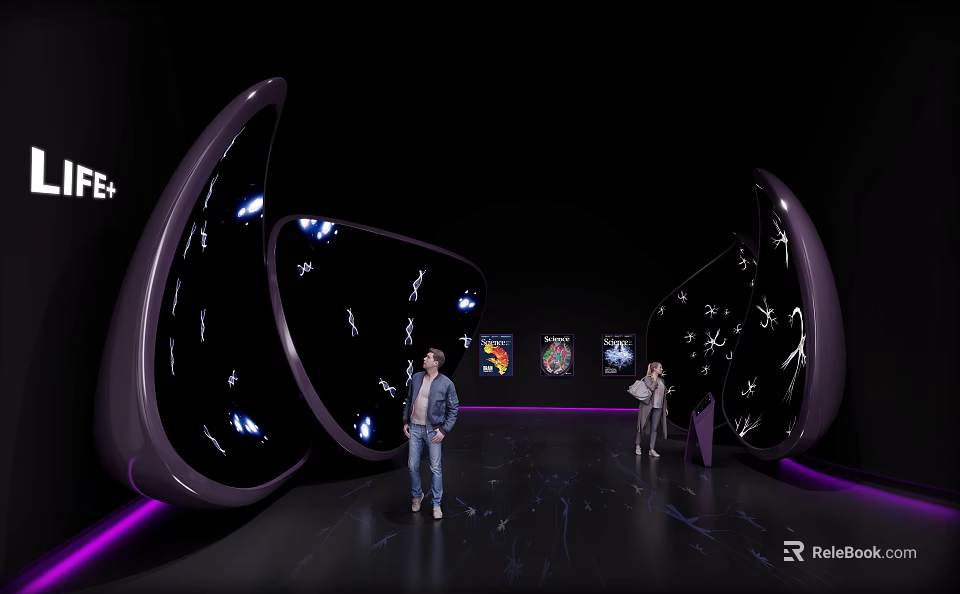 Futuristic Exhibition Space With Curved Structures People Purple Lighting And Artworks 3d model 
