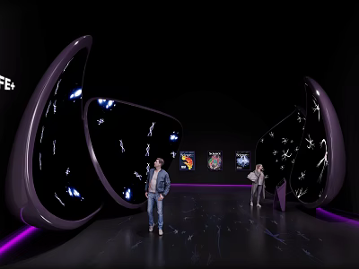Futuristic Exhibition Space With Curved Structures People Purple Lighting And Artworks 3d model