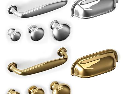 Silver and Gold Metal Cabinet Drawer Handles with Round Bar Shapes for Furniture 3d model