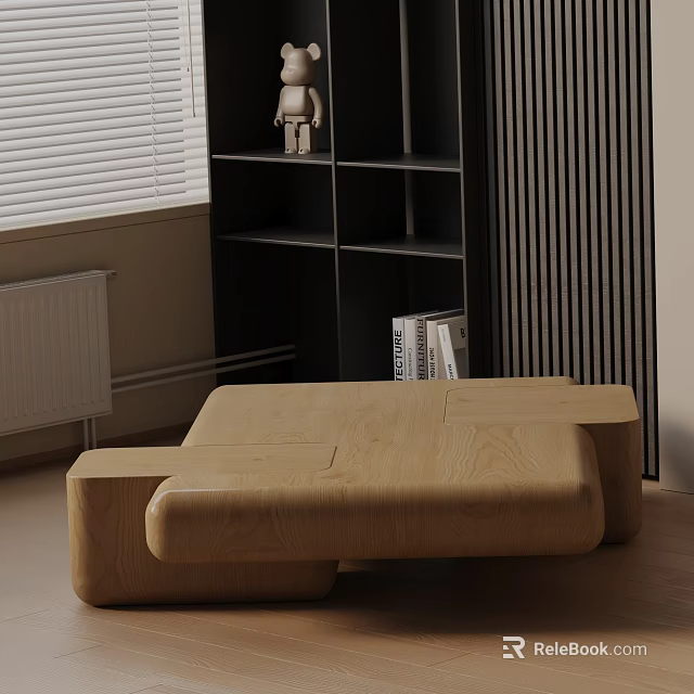 Modern Wooden Sofa Coffee Table Set With Window Blinds Black Bookshelf And Vertical Slat Wall 3d model 