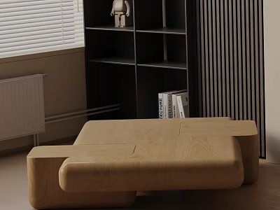 Modern Wooden Sofa Coffee Table Set With Window Blinds Black Bookshelf And Vertical Slat Wall 3d model