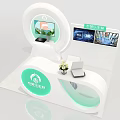 Modern Exhibition Display Shelves With Digital Screens Green Accents And Brand Logo Design