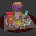 Assorted Food on Wooden Table with Lace Doily Pizza Olives Red Slices and Glass Jars