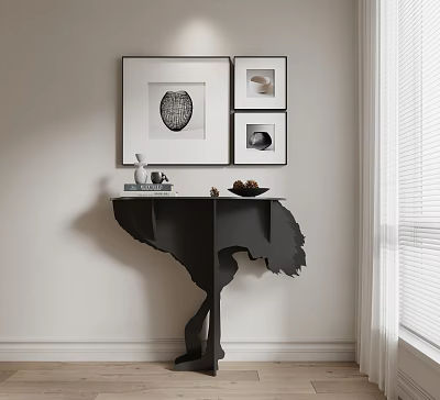 Black Console Table With Unique Bird Shaped Design Modern Wall Art And White Vase 3d model