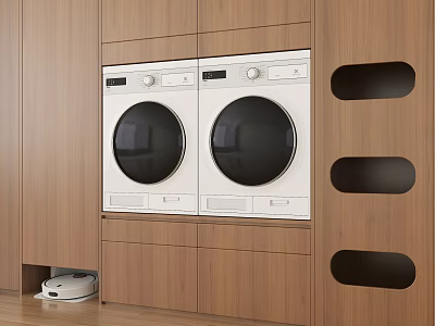 Two White Front Load Washing Machines Built in Modern Wooden Laundry Cabinets 3d model