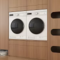 Two White Front Load Washing Machines Built in Modern Wooden Laundry Cabinets
