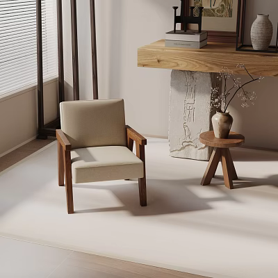 Beige Upholstered Accent Chair With Wooden Legs And Side Table With Vase And Dried Branches 3d model