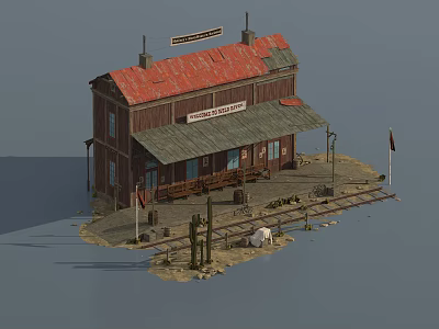 Old Western Train Station With Red Roof Green Awning Rail Tracks Cactus And Flags 3d model