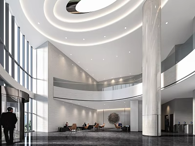 Modern Lobby Reception Desk with Tall Columns Circular Ceiling Design and Bright Sofa Area 3d model