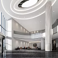 Modern Lobby Reception Desk with Tall Columns Circular Ceiling Design and Bright Sofa Area