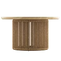 Round Wooden Coffee Table With Natural Woven Rattan Base For Modern Living Room