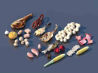 Assorted Fresh Food Collection Including Chicken Leg Sausages Mushrooms Pumpkin Potatoes Fish Tomatoes And Corn 3d model
