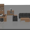 Modern Office Desk Setup With Wooden Bookshelf Black Sofa And Computer 3d model
