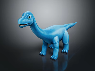 Blue Long Neck Dinosaur Toy Figure With Smiling Expression On Black Background Showing Reflection 3d model