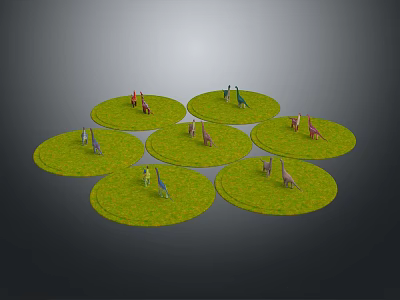 Small Animals Standing on Green Circular Grass Patches Arranged in Formation 3d model